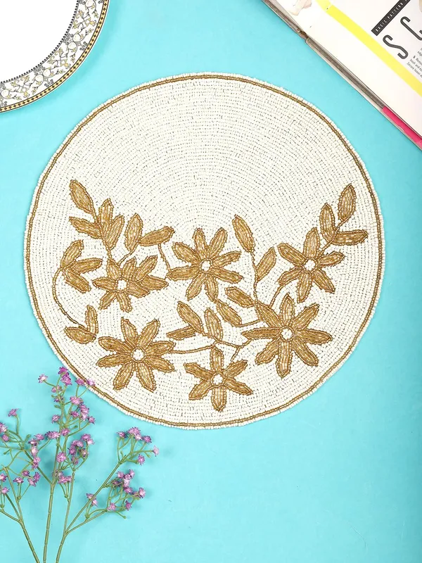 Cream_Poleyster_Placemats,_Beaded_Design,14_Inch_White_Base_Golden_Emb._Pattern,_Best_For_Bed-Side_Table/Center_Table,_Dining_Table/Shelves