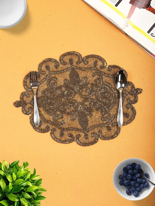 Firozi_Poleyster_Placemats,_Beaded_Design,14_Inch_Gulmohar_Floral_Pattern,_Best_For_Bed-Side_Table/Center_Table,_Dining_Table/Shelves_Pack_Of_2