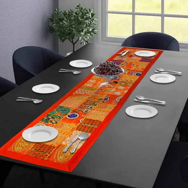 Orange_Table_Runner_For_6_Seater_Dining_Table_Cotton_Beaded_Antique_Handmade_Rajasthani_Patchwork_Embroidered,_Home_Decor_&_Eating_Areas_At_Party_And_Wedding_16_X_72_Inches
