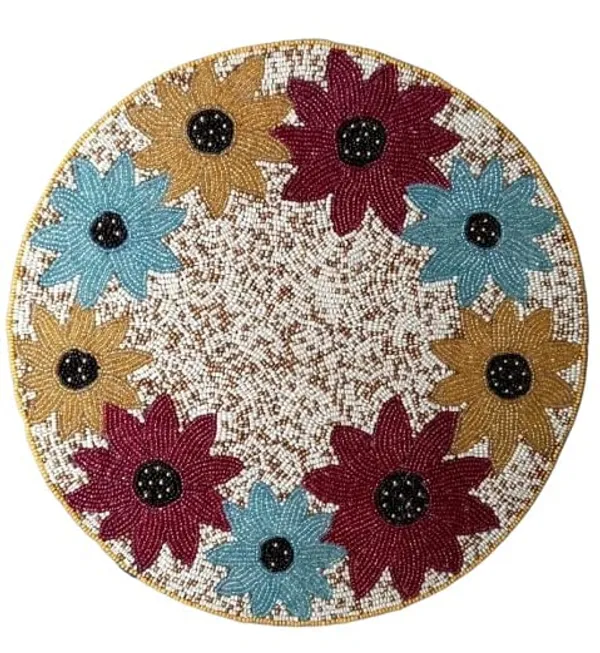 Firozi_Poleyster_Placemats,_Beaded_Design,14_Inch_Summer_Leaf_Round_Pattern,_Best_For_Bed-Side_Table/Center_Table,_Dining_Table/Shelves