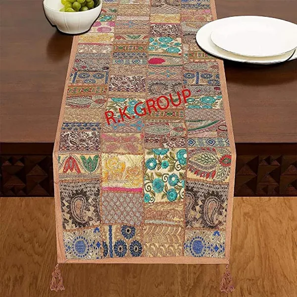Orange_Table_Runner_For_6_Seater_Dining_Table_Cotton_Beaded_Antique_Handmade_Rajasthani_Patchwork_Embroidered,_Home_Decor_&_Eating_Areas_At_Party_And_Wedding_20_X_72_Inches