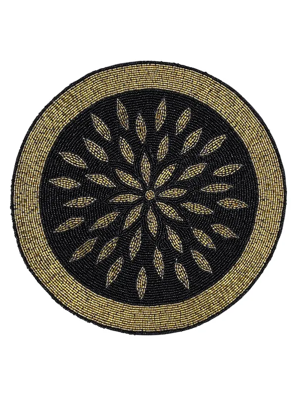 Firozi_Poleyster_Placemats,_Beaded_Design,14_Inch_Round_Black_Dot_Golden_Emb._Pattern,_Best_For_Bed-Side_Table/Center_Table,_Dining_Table/Shelves