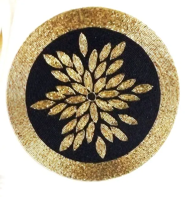 Firozi_Poleyster_Placemats,_Beaded_Design,14_Inch_Round_Black_Dot_Golden_Emb._Pattern,_Best_For_Bed-Side_Table/Center_Table,_Dining_Table/Shelves