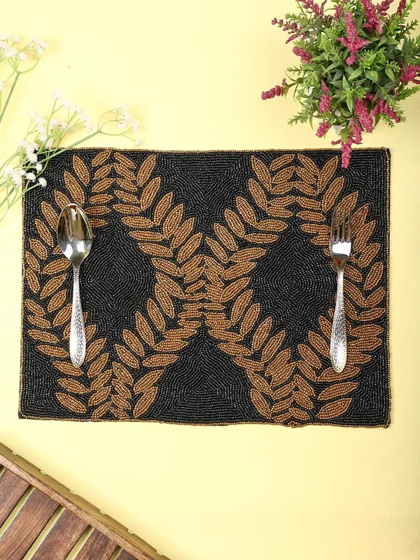 Black_Poleyster_Placemats,_Beaded_Design,14_Inch_Black_Base_Golden_Emb._Pattern,_Best_For_Bed-Side_Table/Center_Table,_Dining_Table/Shelves