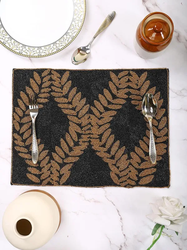 Black_Poleyster_Placemats,_Beaded_Design,14_Inch_Black_Base_Golden_Emb._Pattern,_Best_For_Bed-Side_Table/Center_Table,_Dining_Table/Shelves