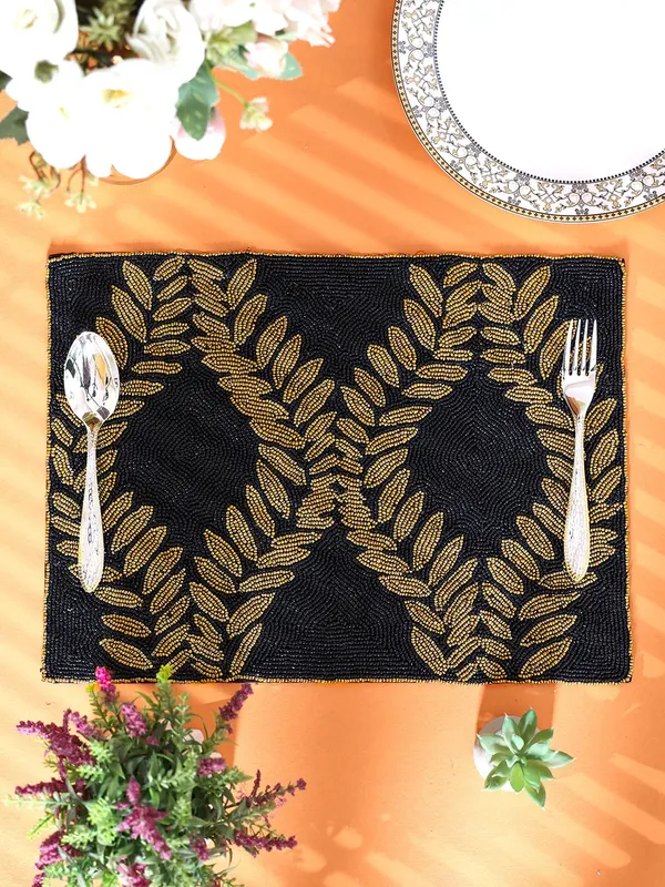 Black_Poleyster_Placemats,_Beaded_Design,14_Inch_Black_Base_Golden_Emb._Pattern,_Best_For_Bed-Side_Table/Center_Table,_Dining_Table/Shelves
