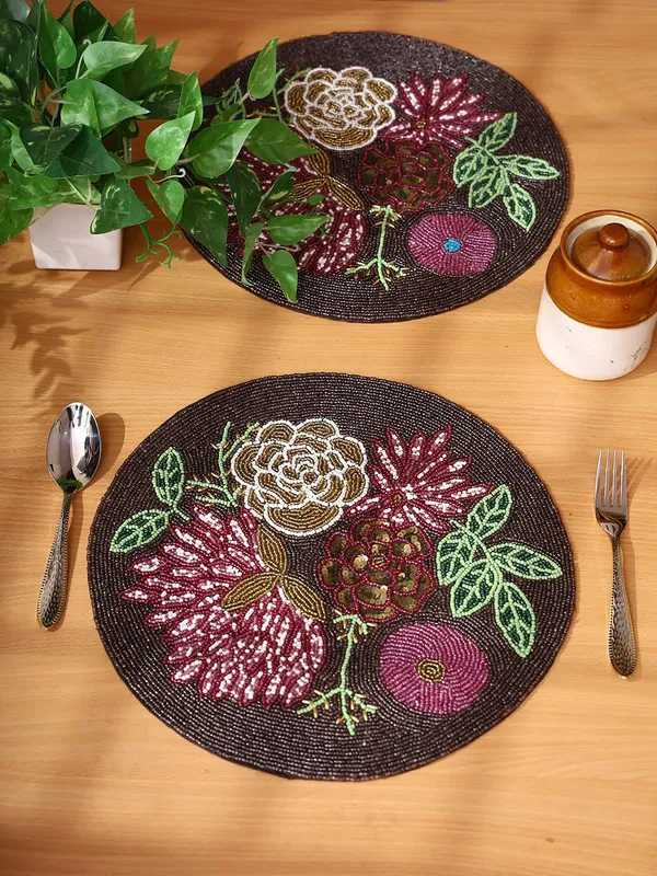 Firozi_Poleyster_Placemats,_Beaded_Design,14_Inch_Gulmohar_Floral_Pattern,_Best_For_Bed-Side_Table/Center_Table,_Dining_Table/Shelves_Pack_Of_2