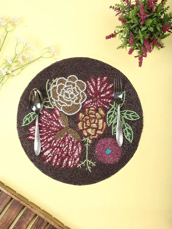 Firozi_Poleyster_Placemats,_Beaded_Design,14_Inch_Gulmohar_Floral_Pattern,_Best_For_Bed-Side_Table/Center_Table,_Dining_Table/Shelves_Pack_Of_2