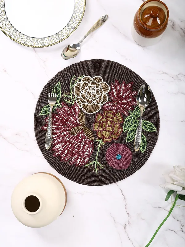 Firozi_Poleyster_Placemats,_Beaded_Design,14_Inch_Gulmohar_Floral_Pattern,_Best_For_Bed-Side_Table/Center_Table,_Dining_Table/Shelves_Pack_Of_2