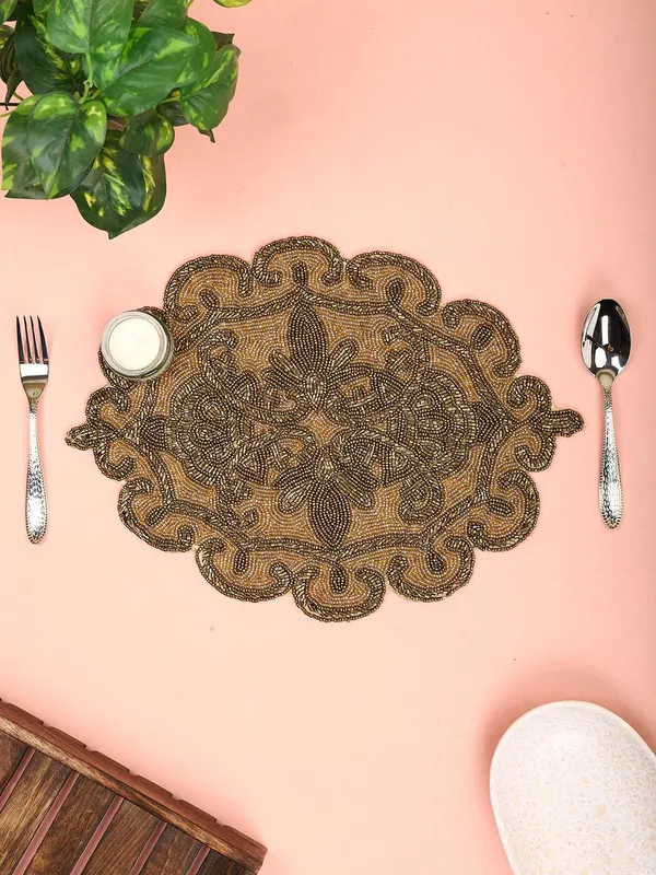 Firozi_Poleyster_Placemats,_Beaded_Design,14_Inch_Gulmohar_Floral_Pattern,_Best_For_Bed-Side_Table/Center_Table,_Dining_Table/Shelves_Pack_Of_2