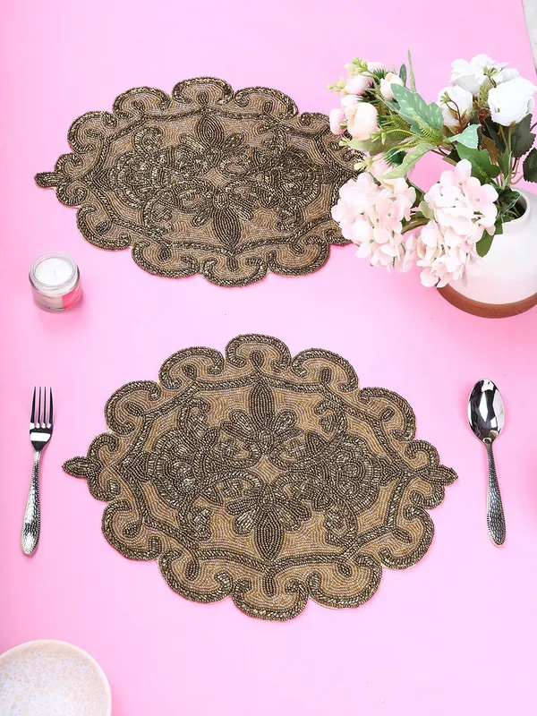 Firozi_Poleyster_Placemats,_Beaded_Design,14_Inch_Gulmohar_Floral_Pattern,_Best_For_Bed-Side_Table/Center_Table,_Dining_Table/Shelves_Pack_Of_2