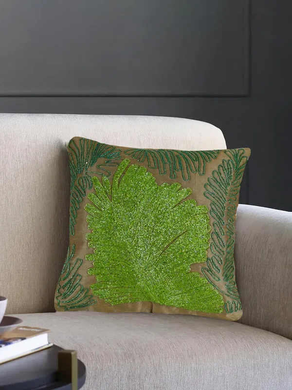 Green_Cotton_Beaded_Embroidery_Pillow/Sofa_Cushion_Cover_For_Bedroom,_Living_Room,_Office_(16X16-Inches)_-_Set_Of_1_Browun_Green_Leaf_Pattern