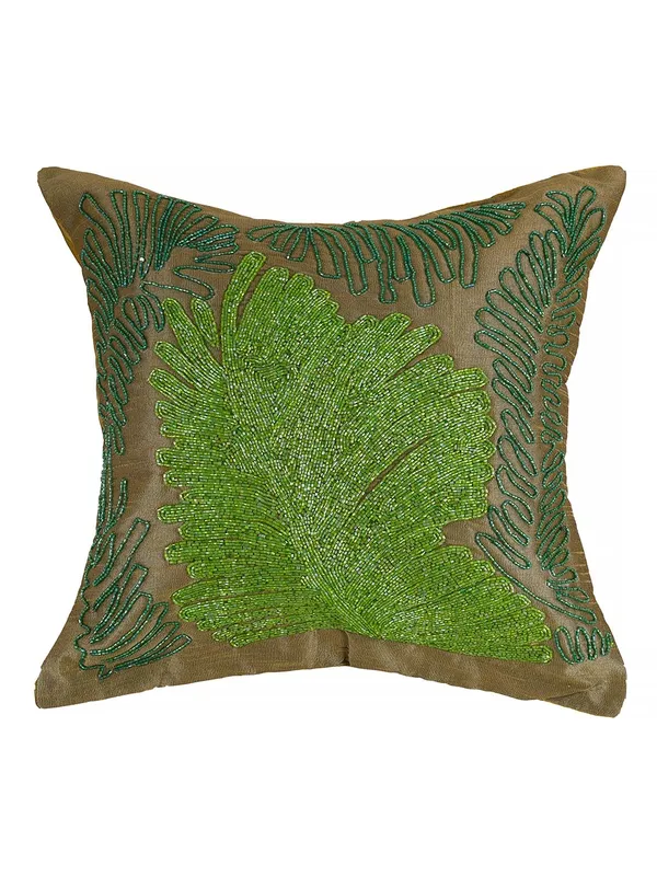 Green_Cotton_Beaded_Embroidery_Pillow/Sofa_Cushion_Cover_For_Bedroom,_Living_Room,_Office_(16X16-Inches)_-_Set_Of_1_Browun_Green_Leaf_Pattern