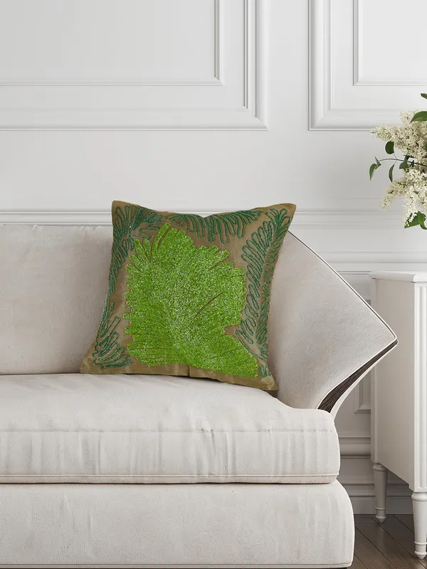 Green_Cotton_Beaded_Embroidery_Pillow/Sofa_Cushion_Cover_For_Bedroom,_Living_Room,_Office_(16X16-Inches)_-_Set_Of_1_Browun_Green_Leaf_Pattern