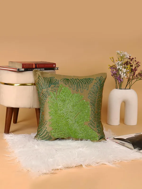 Green_Cotton_Beaded_Embroidery_Pillow/Sofa_Cushion_Cover_For_Bedroom,_Living_Room,_Office_(16X16-Inches)_-_Set_Of_1_Browun_Green_Leaf_Pattern