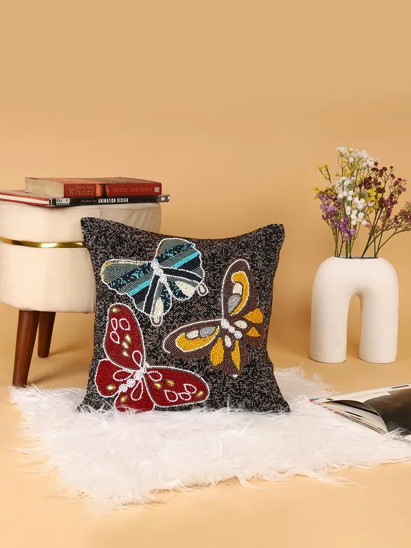 Multicolor_Printed_Beaded_Cushion_Covers_Case_Pillowcases_16X16_Inches_Butterfly_Pattern(40X40_Cms)_Throw_Pillow_Sham_Floral_Cushion_Covers_For_Sofa_Couch_Bed_Chair_Pack_Of_1
