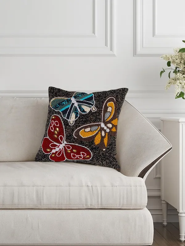 Multicolor_Printed_Beaded_Cushion_Covers_Case_Pillowcases_16X16_Inches_Butterfly_Pattern(40X40_Cms)_Throw_Pillow_Sham_Floral_Cushion_Covers_For_Sofa_Couch_Bed_Chair_Pack_Of_1