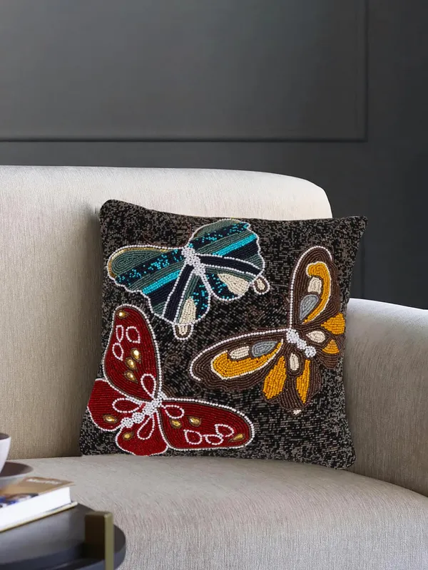 Multicolor_Printed_Beaded_Cushion_Covers_Case_Pillowcases_16X16_Inches_Butterfly_Pattern(40X40_Cms)_Throw_Pillow_Sham_Floral_Cushion_Covers_For_Sofa_Couch_Bed_Chair_Pack_Of_1