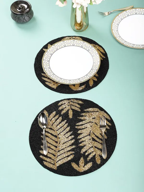 Firozi_Poleyster_Placemats,_Beaded_Design,14_Inch_Gulmohar_Floral_Pattern,_Best_For_Bed-Side_Table/Center_Table,_Dining_Table/Shelves_Pack_Of_2