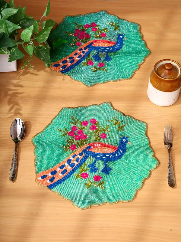 Firozi_Poleyster_Placemats,_Beaded_Design,14_Inch_Gulmohar_Floral_Pattern,_Best_For_Bed-Side_Table/Center_Table,_Dining_Table/Shelves_Pack_Of_2