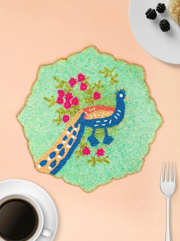 Firozi_Poleyster_Placemats,_Beaded_Design,14_Inch_Gulmohar_Floral_Pattern,_Best_For_Bed-Side_Table/Center_Table,_Dining_Table/Shelves_Pack_Of_2