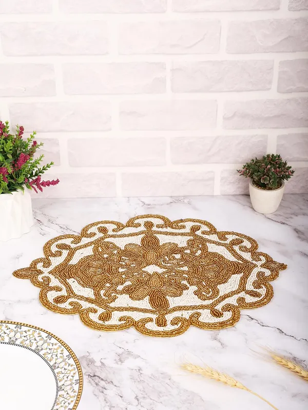 Firozi_Poleyster_Placemats,_Beaded_Design,14_Inch_Floral_Pattern,_Best_For_Bed-Side_Table/Center_Table,_Dining_Table/Shelves_Pack_Of