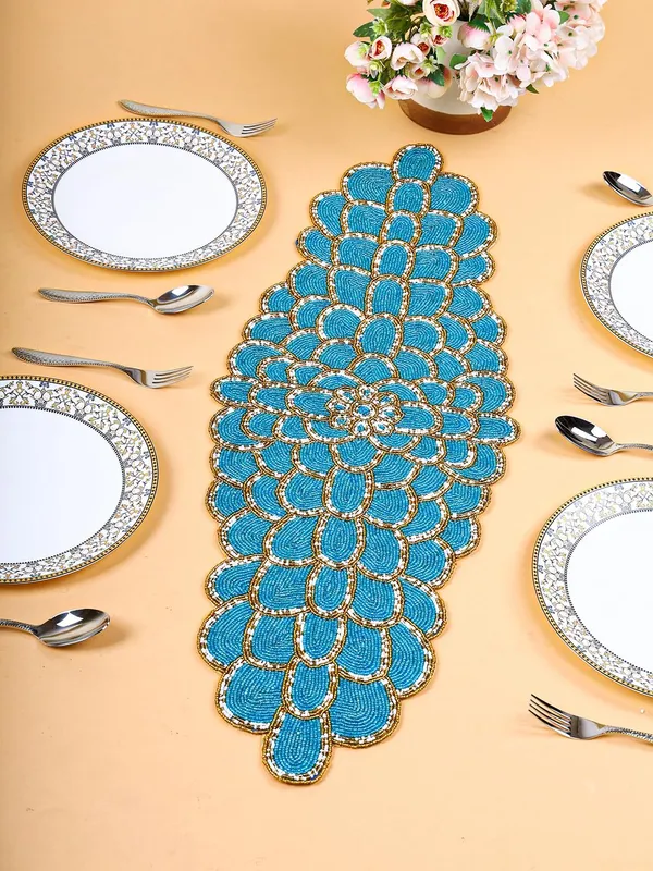 White_&_Maroon_Premium_Handcraf_Beautiful_Beaded_Table_Runner_Craftsmanship_(13_*_36_Inches,_Turquise_Pattern)