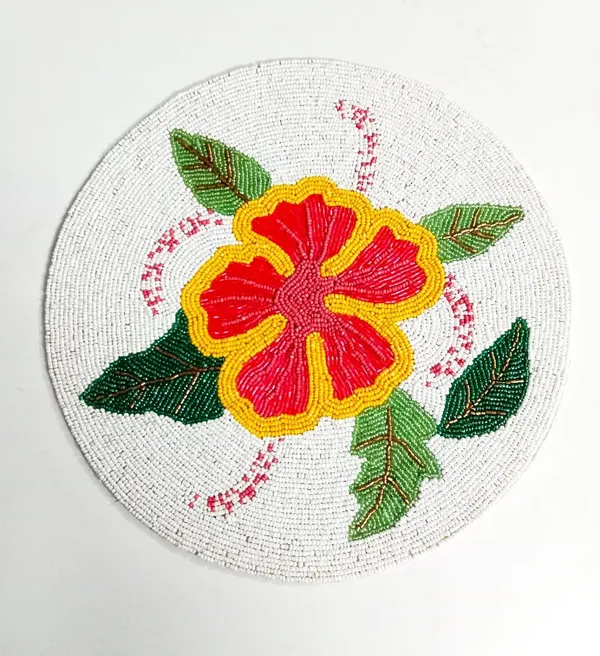 Multicolor_Poleyster_Placemats,_Beaded_Design,14_Inch_Black_7_Gulmohar_Flower_Emb._Round_Pattern,_Best_For_Bed-Side_Table/Center_Table,_Dining_Table/Shelves