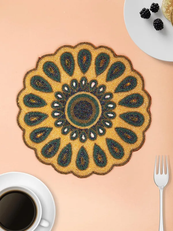 Firozi_Poleyster_Placemats,_Beaded_Design,14_Inch_Gulmohar_Floral_Pattern,_Best_For_Bed-Side_Table/Center_Table,_Dining_Table/Shelves_Pack_Of_2