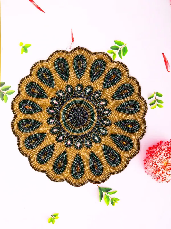 Firozi_Poleyster_Placemats,_Beaded_Design,14_Inch_Gulmohar_Floral_Pattern,_Best_For_Bed-Side_Table/Center_Table,_Dining_Table/Shelves_Pack_Of_2