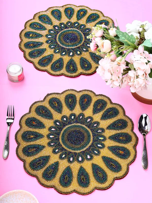 Firozi_Poleyster_Placemats,_Beaded_Design,14_Inch_Gulmohar_Floral_Pattern,_Best_For_Bed-Side_Table/Center_Table,_Dining_Table/Shelves_Pack_Of_2
