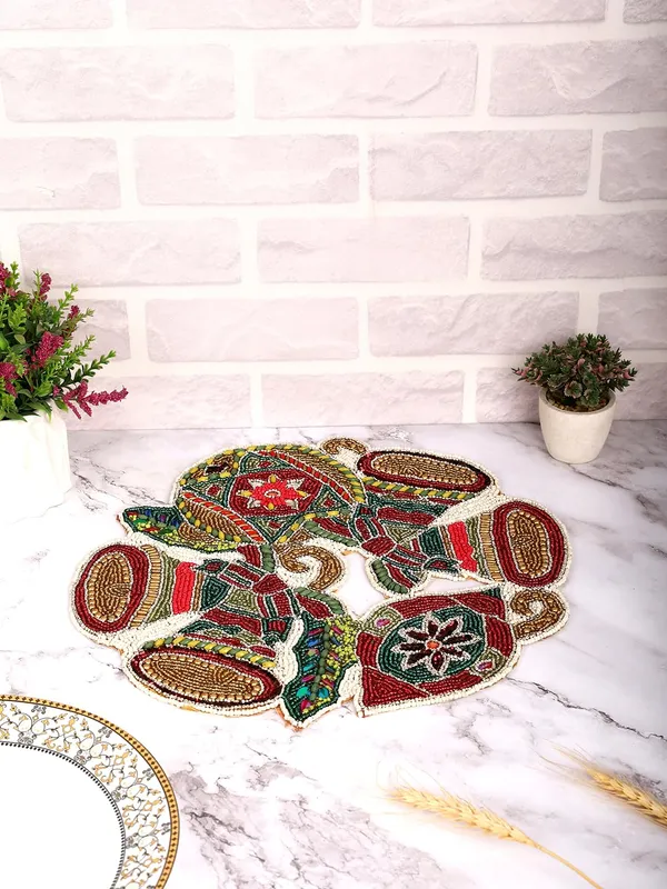 Firozi_Poleyster_Placemats,_Beaded_Design,14_Inch_Multicolor_Christmas_Emb._Pattern,_Best_For_Bed-Side_Table/Center_Table,_Dining_Table/Shelves