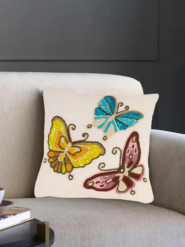Multicolor_Cotton_Beaded_Embroidery_Pillow/Sofa_Cushion_Cover_For_Bedroom,_Living_Room,_Office_(16X16-Inches)_-_Set_Of_1(40.64_Cm*40.64_Cm_Multicolor)_Butterfly_Pattern