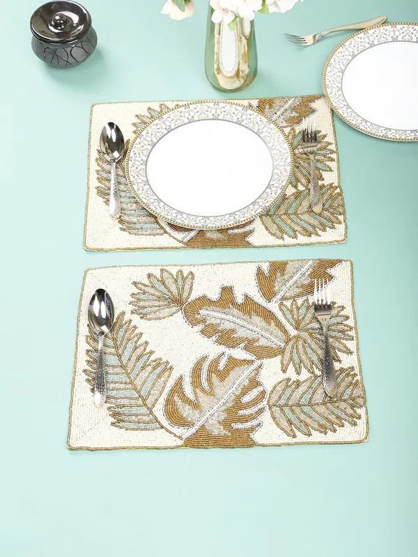 Firozi_Poleyster_Placemats,_Beaded_Design,14_Inch_Gulmohar_Floral_Pattern,_Best_For_Bed-Side_Table/Center_Table,_Dining_Table/Shelves_Pack_Of_2