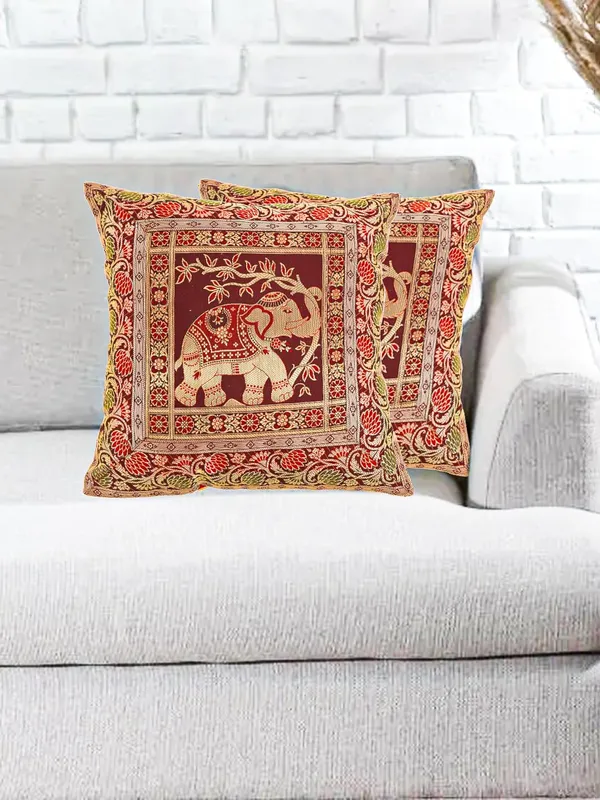 Multi_Silk_Brocade_Embroidery_Silk_Cushion_Nd_Pillow_Covers_(16_X16_Inch)_For_Sofa_Bedroom_Bedroom,_Living_Room,_Office_(Multicolor_Maroon)_Pack_Of_2_Elephant_Pattern