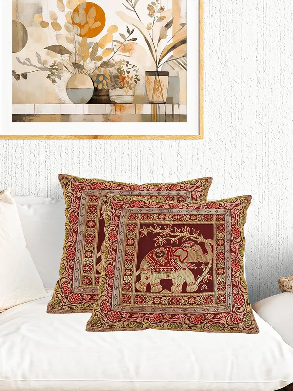 Multi_Silk_Brocade_Embroidery_Silk_Cushion_Nd_Pillow_Covers_(16_X16_Inch)_For_Sofa_Bedroom_Bedroom,_Living_Room,_Office_(Multicolor_Maroon)_Pack_Of_2_Elephant_Pattern