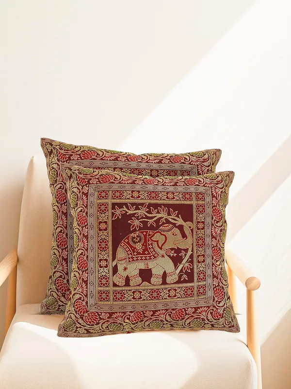 Multi_Silk_Brocade_Embroidery_Silk_Cushion_Nd_Pillow_Covers_(16_X16_Inch)_For_Sofa_Bedroom_Bedroom,_Living_Room,_Office_(Multicolor_Maroon)_Pack_Of_2_Elephant_Pattern