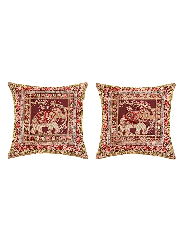 Multi_Silk_Brocade_Embroidery_Silk_Cushion_Nd_Pillow_Covers_(16_X16_Inch)_For_Sofa_Bedroom_Bedroom,_Living_Room,_Office_(Multicolor_Maroon)_Pack_Of_2_Elephant_Pattern