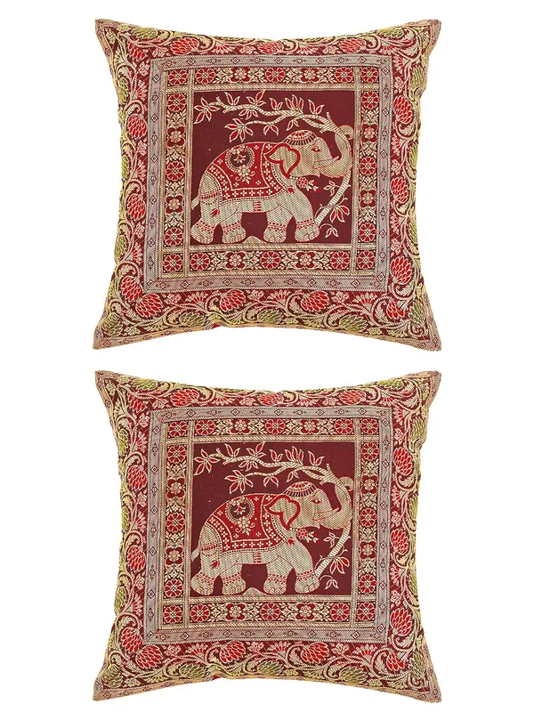 Multi_Silk_Brocade_Embroidery_Silk_Cushion_Nd_Pillow_Covers_(16_X16_Inch)_For_Sofa_Bedroom_Bedroom,_Living_Room,_Office_(Multicolor_Maroon)_Pack_Of_2_Elephant_Pattern
