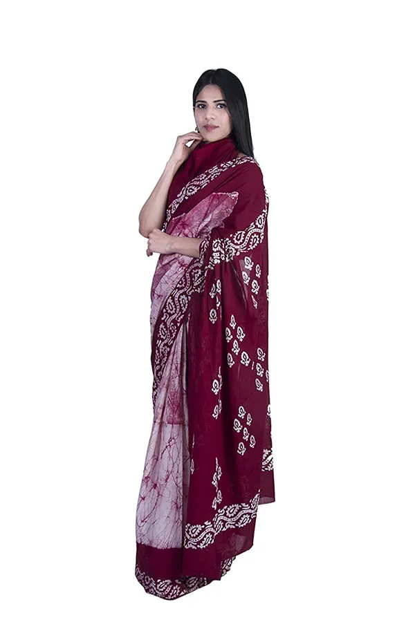 Maroon_Hand_Block_Printed_Jaipuri_Handloom_Cotton_Mulmul_Saree_With_Unstitched_Blouse_Piece_For_Women