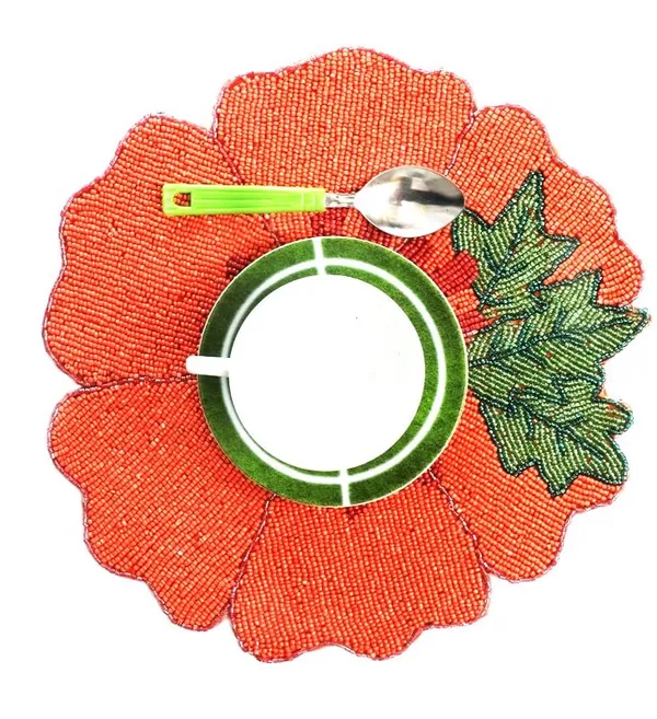 Peach_Poleyster_Placemats,_Beaded_Design,14_Inch_Peach_Flower_Pattern,_Best_For_Bed-Side_Table/Center_Table,_Dining_Table/Shelves