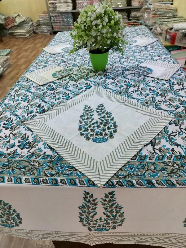 Off-White_Cotton_Jaipuri_Hand_Block_Printed_Rectangular_Dining_Table_Cover_|_Table_Cloth_For_6_To_8_Seater_With_6_Pc_Napkins_For_6_Seater_(90"_Inch_X_60"_Inch)_Tirquise_Jaal_Print