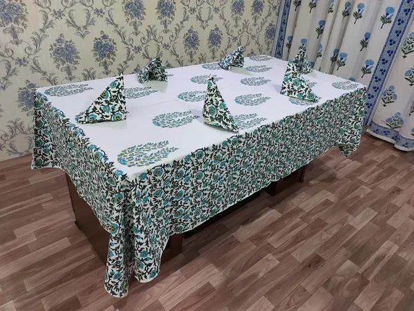 Off-White_Cotton_Jaipuri_Hand_Block_Printed_Rectangular_Dining_Table_Cover_|_Table_Cloth_For_6_To_8_Seater_With_6_Pc_Napkins_For_6_Seater_(90"_Inch_X_60"_Inch)_Mugal_Buta_Pattern