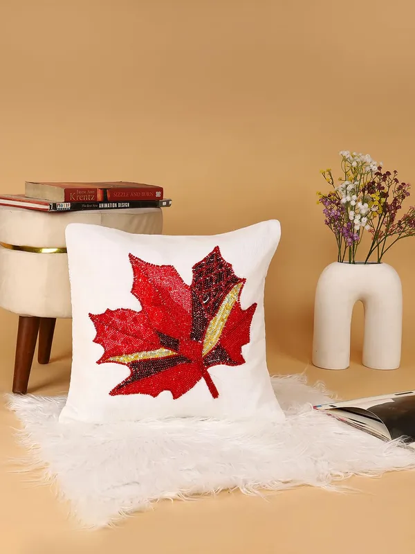 Maroon_Leaf_(_White)_A_Embroidered_Cushions_Cover_||_Multi_Colored_Print_Decorative_Hand_Made_Cotton_Cushion_Covers_16X16