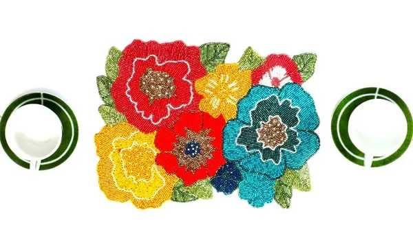 Firozi_Poleyster_Placemats,_Beaded_Design,14_Inch_Multicolor_Floral_Multicolor_Pattern,_Best_For_Bed-Side_Table/Center_Table,_Dining_Table/Shelves