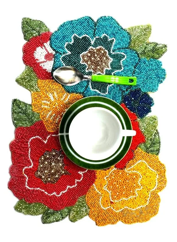 Firozi_Poleyster_Placemats,_Beaded_Design,14_Inch_Multicolor_Floral_Multicolor_Pattern,_Best_For_Bed-Side_Table/Center_Table,_Dining_Table/Shelves