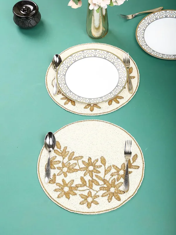 Firozi_Poleyster_Placemats,_Beaded_Design,14_Inch_Gulmohar_Floral_Pattern,_Best_For_Bed-Side_Table/Center_Table,_Dining_Table/Shelves_Pack_Of_2