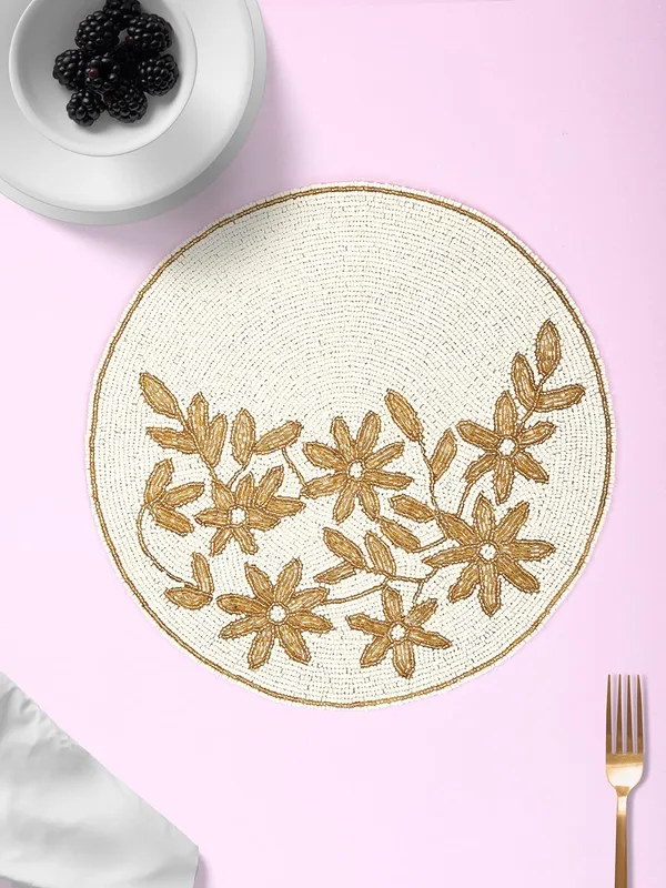 Firozi_Poleyster_Placemats,_Beaded_Design,14_Inch_Gulmohar_Floral_Pattern,_Best_For_Bed-Side_Table/Center_Table,_Dining_Table/Shelves_Pack_Of_2