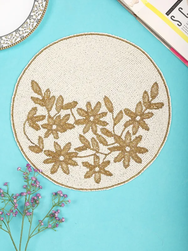 Firozi_Poleyster_Placemats,_Beaded_Design,14_Inch_Gulmohar_Floral_Pattern,_Best_For_Bed-Side_Table/Center_Table,_Dining_Table/Shelves_Pack_Of_2