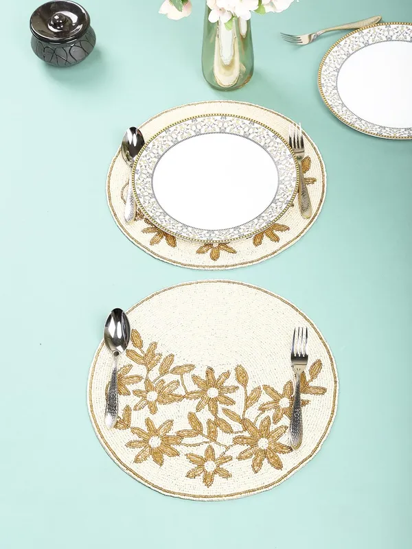Firozi_Poleyster_Placemats,_Beaded_Design,14_Inch_Gulmohar_Floral_Pattern,_Best_For_Bed-Side_Table/Center_Table,_Dining_Table/Shelves_Pack_Of_2